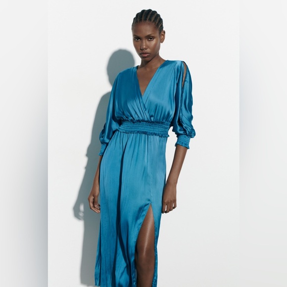 ZARA WRINKLE LOOK SATIN EFFECT MIDI DRESS Blue Steel Size M - Picture 3 of 16